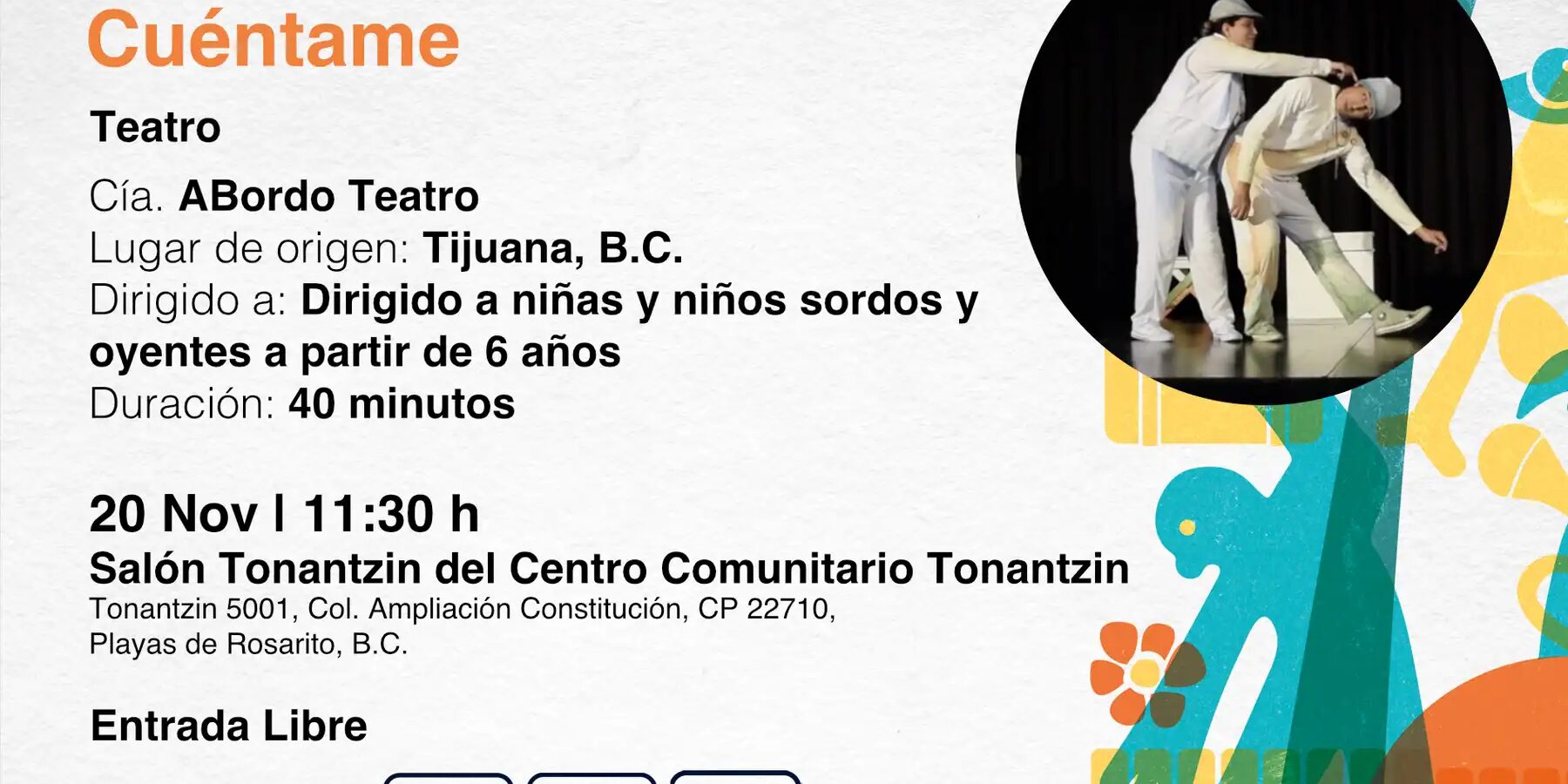 Cartel promocional del espectáculo "Cuéntame" del 13º Encuentro Otros Territorios, con una imagen central de una niña dibujando en el suelo.