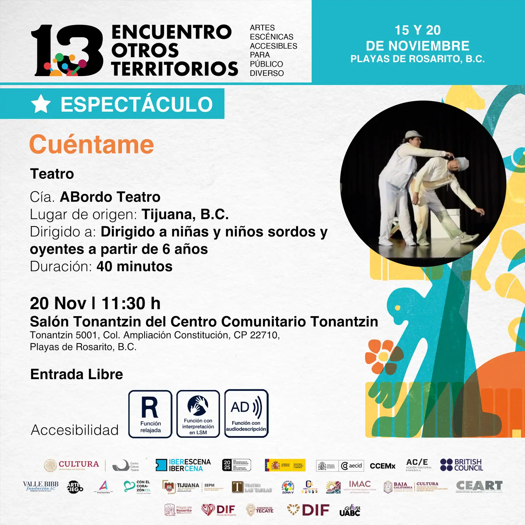 Cartel promocional del espectáculo "Cuéntame" del 13º Encuentro Otros Territorios, con una imagen central de una niña dibujando en el suelo.