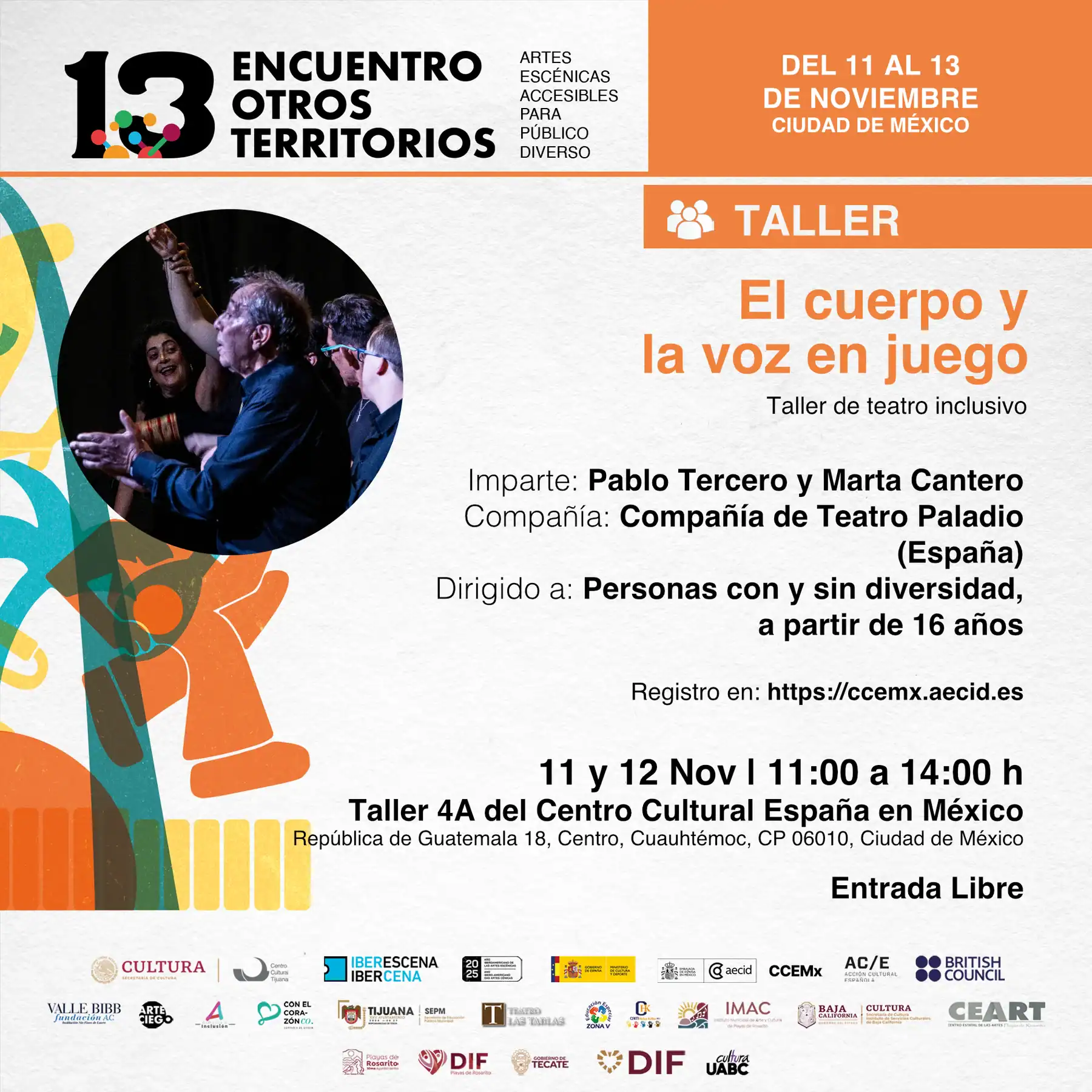 Cartel del Taller 'El cuerpo y la voz en juego' (Teatro Inclusivo) del 13º Encuentro Otros Territorios, con imagen de una escena teatral de fuerte expresión corporal.