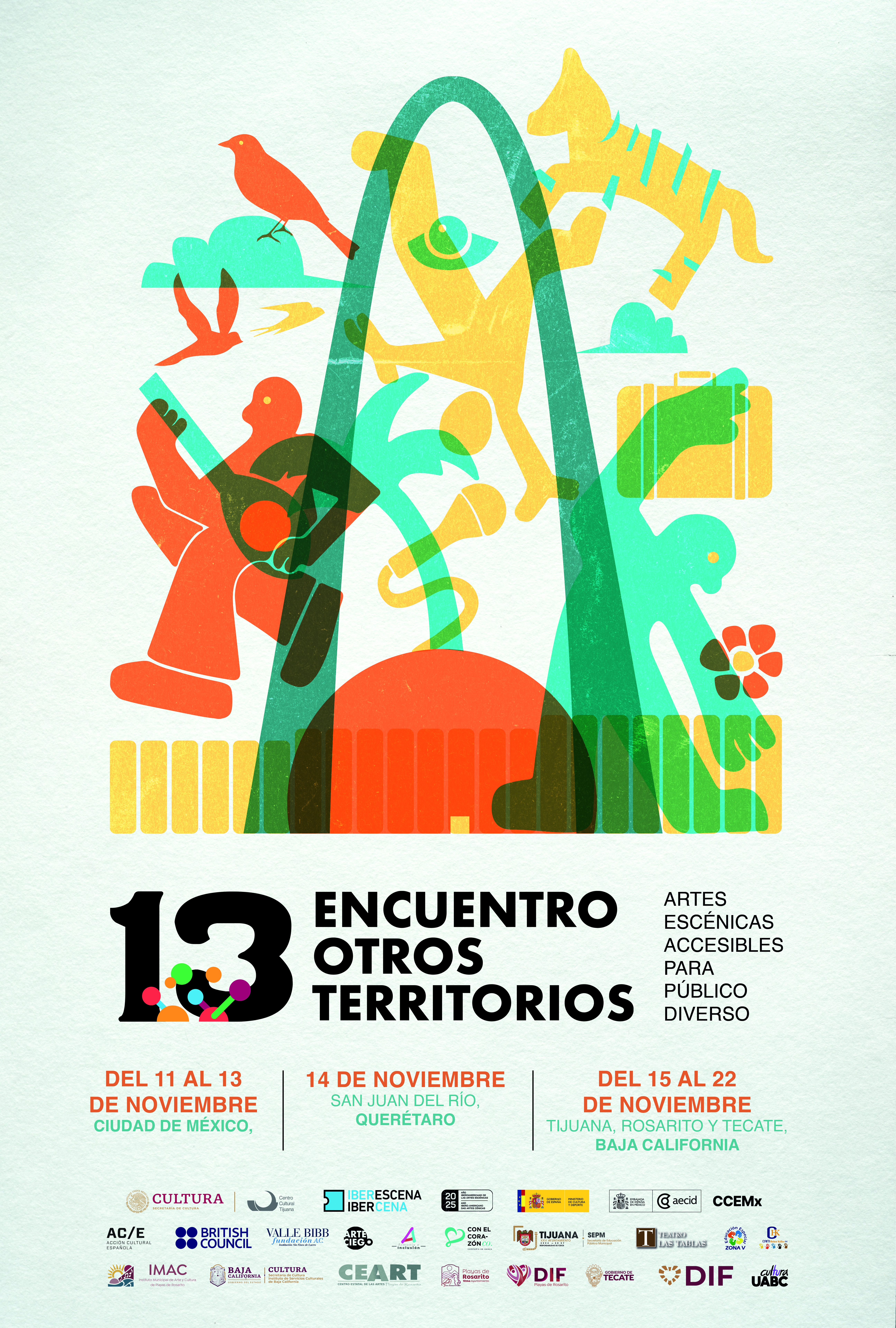 Póster promocional para el 13 Encuentro Otros Territorios: Artes Escénicas Accesibles para Público Diverso, con fechas y sedes en la Ciudad de México, San Juan del Río (Querétaro) y Baja California en noviembre.