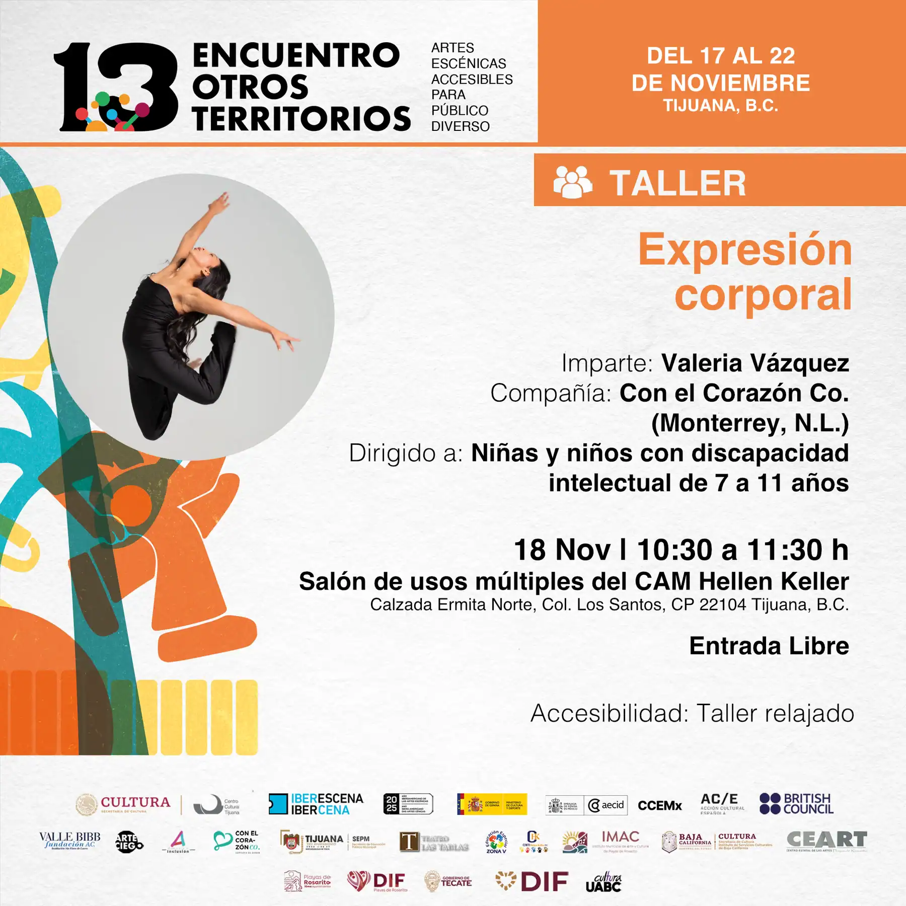 Cartel promocional del Taller "Expresión Corporal" de Valeria Vázquez, Compañía Con el Corazón Co., dirigido a niños y niñas con discapacidad intelectual.